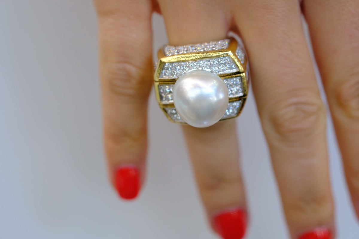 David Webb Platinum & 18K Yellow Gold Pearl And 9.00cttw Diamond Ring — view 9 — Laura Milman New York