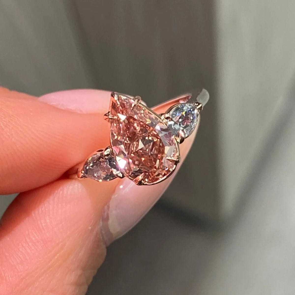 2.22ct Fancy Deep Brown-Pink Pear Diamond VS2 GIA Ring with Blue Diamond Sides — view 5 — Laura Milman New York