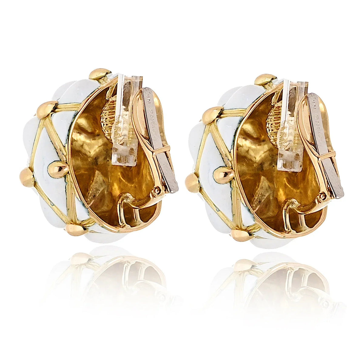 David Webb Platinum & 18K Yellow Gold White Enamel Bombe Dome Geodesic Earrings — view 2 — Laura Milman New York