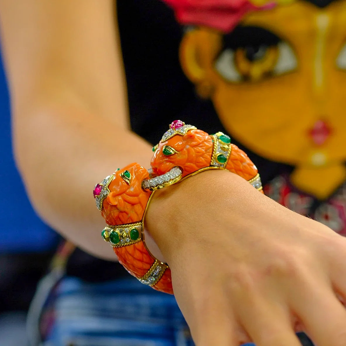 David Webb Platinum & 18K Yellow Gold Carved Coral Bangle Bracelet — view 3 — Laura Milman New York