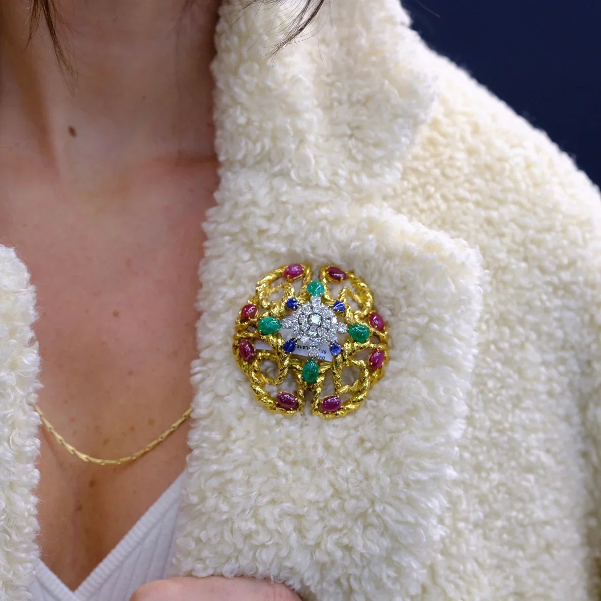 David Webb Platinum & 18K Yellow Gold Multigem Emerald, Ruby And Diamond Brooch — view 7 — Laura Milman New York