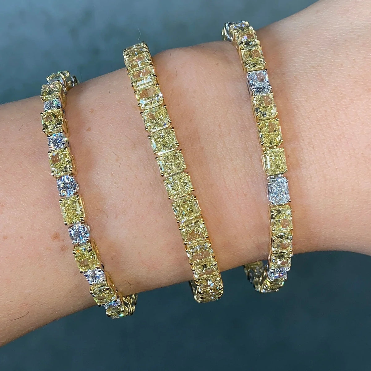 13.88ctw Fancy Yellow Radiant Diamond & White Round Diamond Alternating Bracelet — view 3 — Laura Milman New York