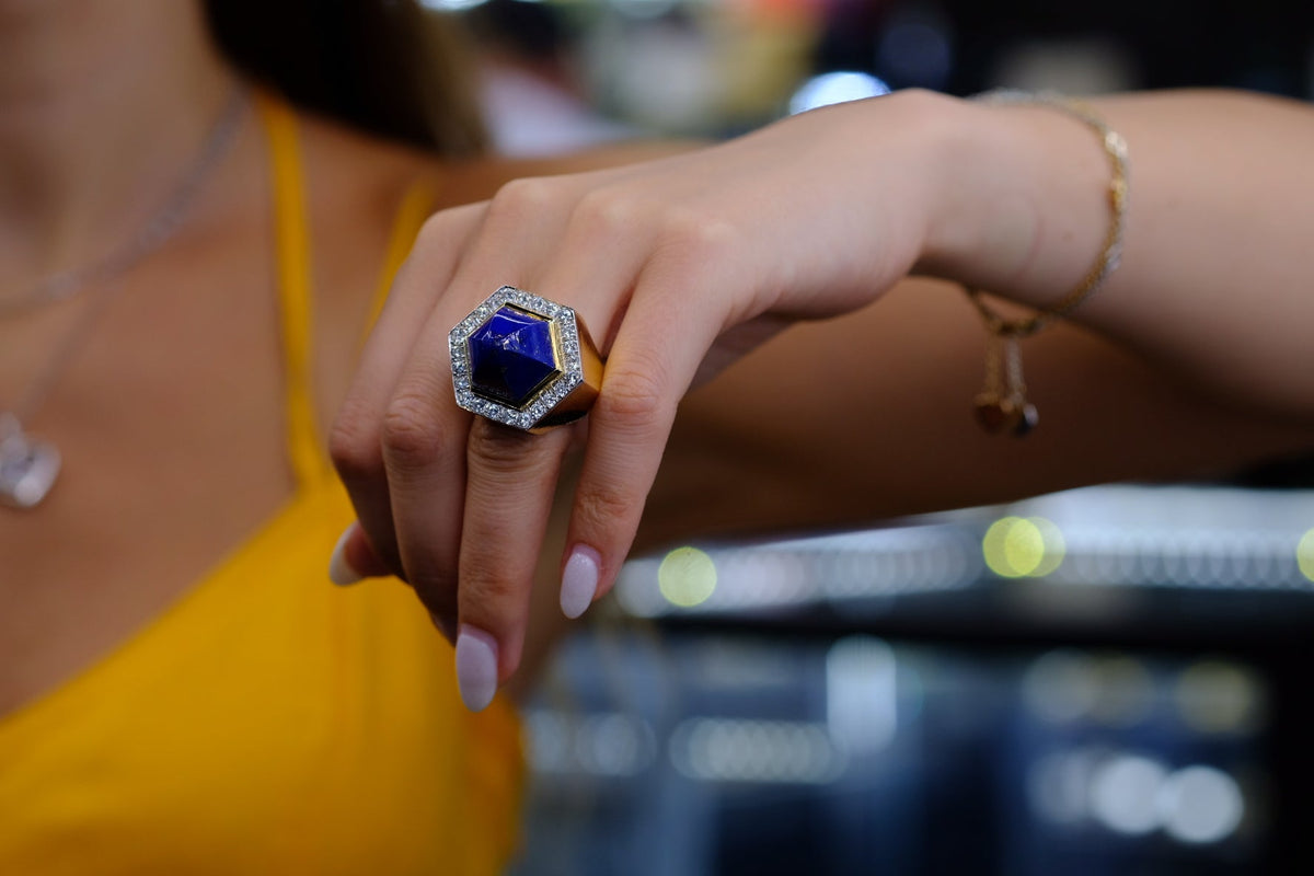 David Webb Platinum & 18K Yellow Gold Oversized Lapis And Diamond Ring — view 6 — Laura Milman New York
