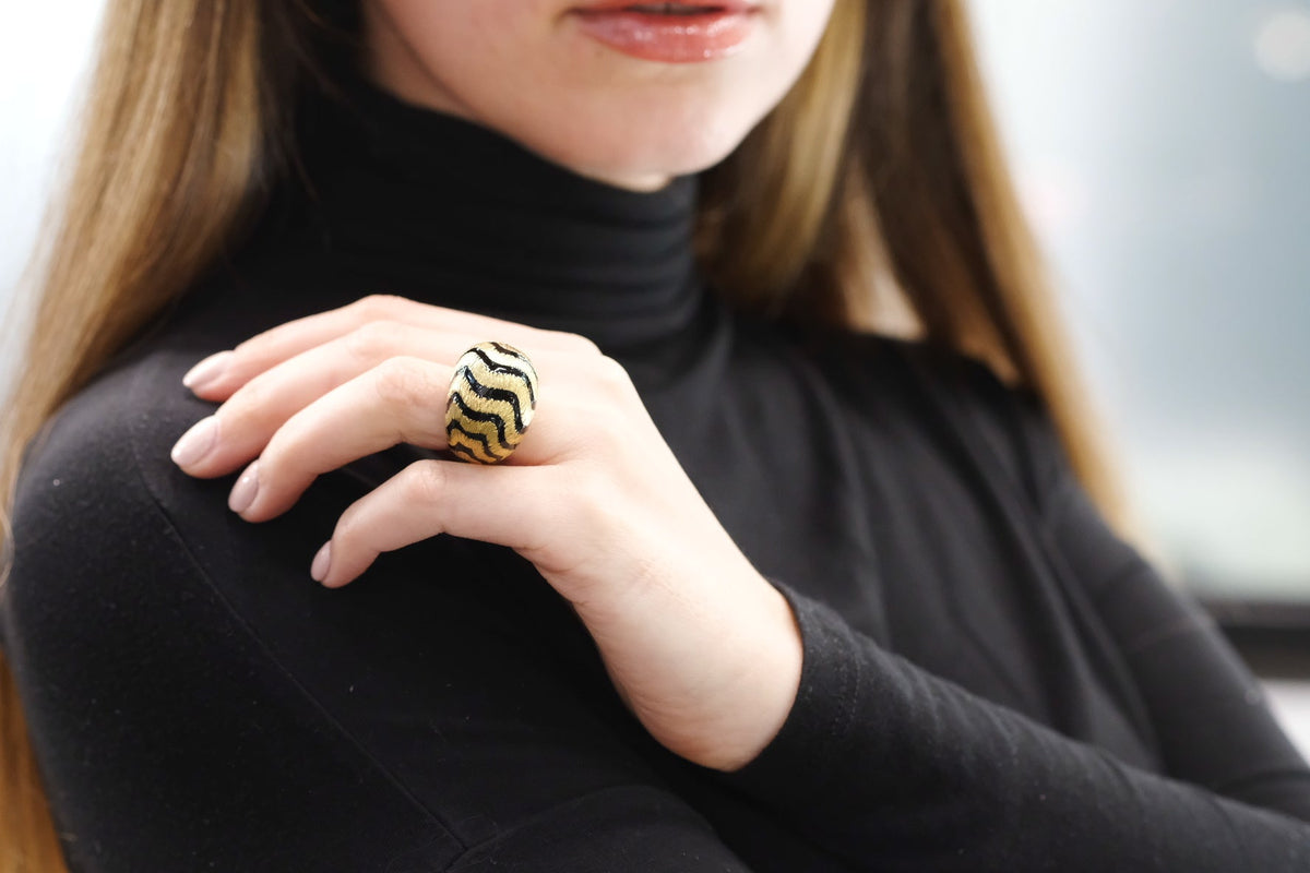 David Webb 18K Yellow Gold 1970's Tiger Stripe Black Enamel Dome Ring — view 6 — Laura Milman New York