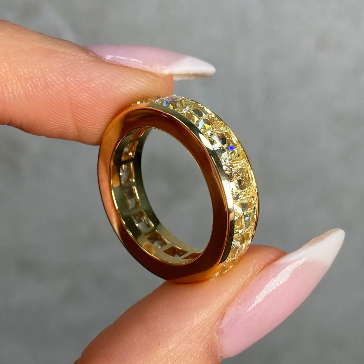 8.13ctw Fancy Yellow Cushion Diamond Channel Set Eternity Band — view 4 — Laura Milman New York