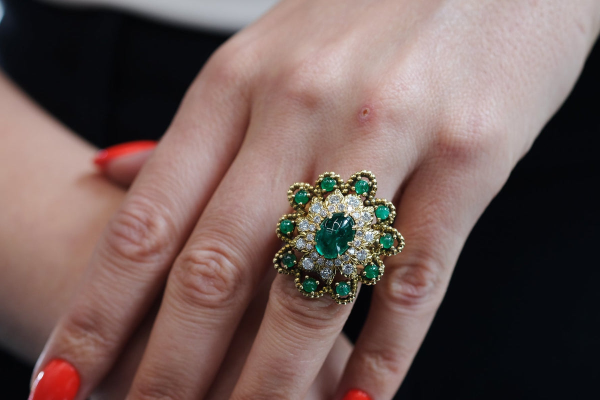 David Webb 18K Yellow Gold Green Emerald Diamond Flower Ring — view 9 — Laura Milman New York