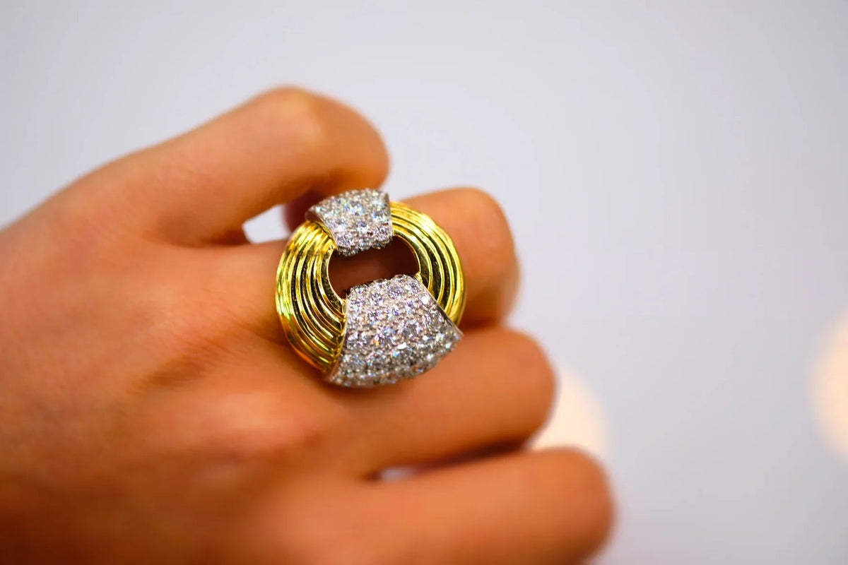 David Webb Platinum & 18K Yellow Gold Cocktail Diamond Fluted Ring — view 8 — Laura Milman New York
