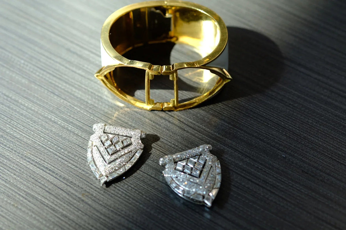 David Webb Platinum & 18K Yellow Gold White Enamel Shield Diamond Clips Cuff Bracelet — view 6 — Laura Milman New York