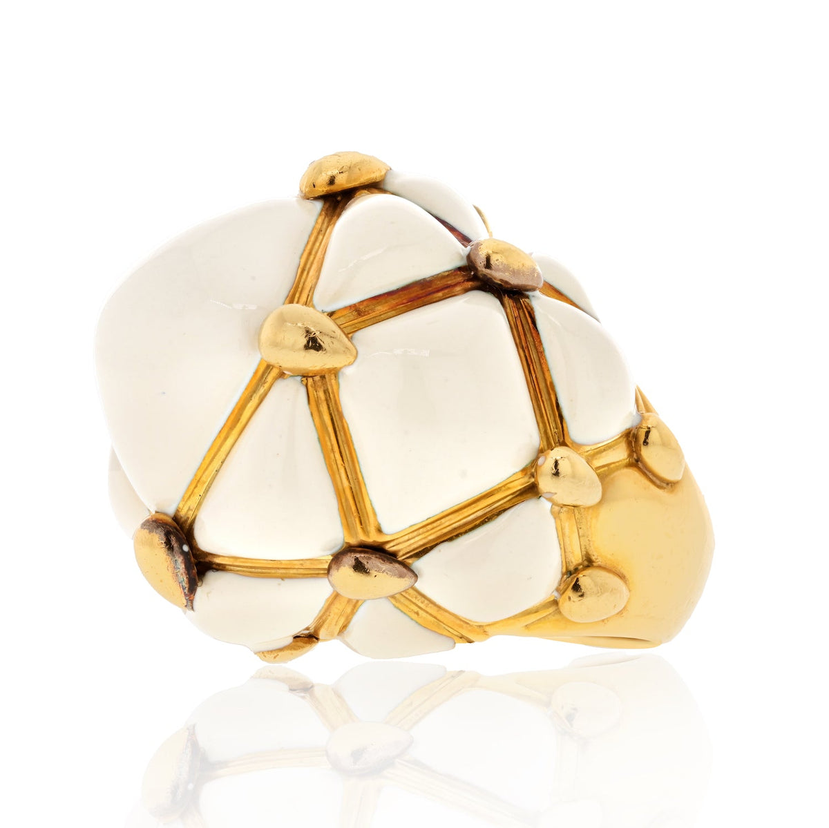 David Webb Platinum & 18K Yellow Gold Dome Off White Enamel Cream Criss Cross Cocktail Ring — view 5 — Laura Milman New York