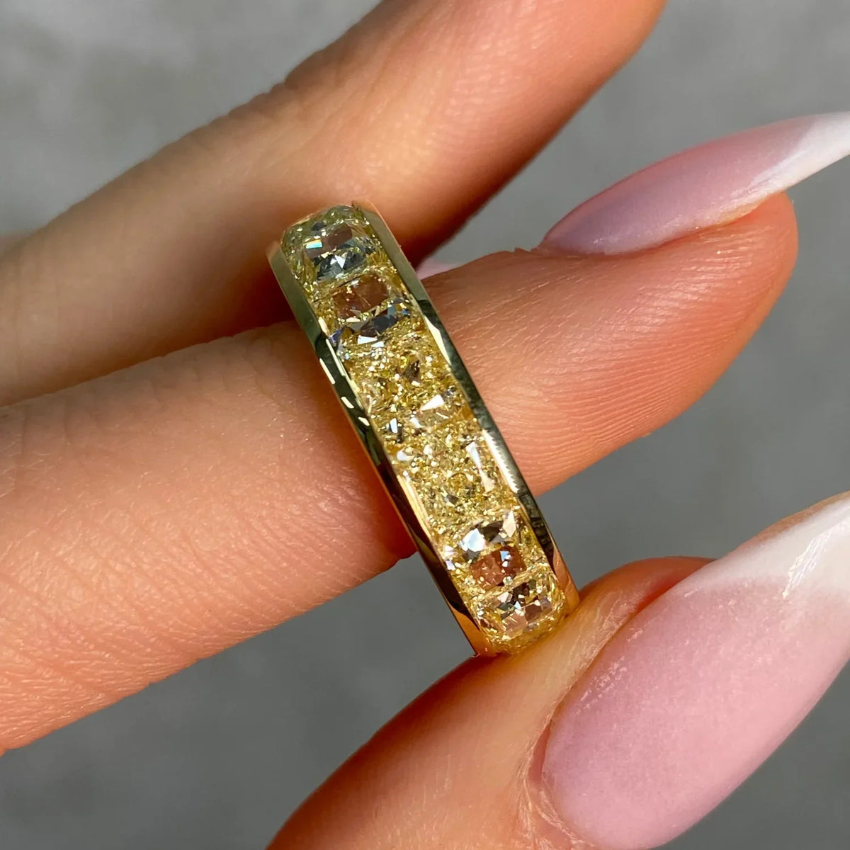 8.13ctw Fancy Yellow Cushion Diamond Channel Set Eternity Band — view 3 — Laura Milman New York