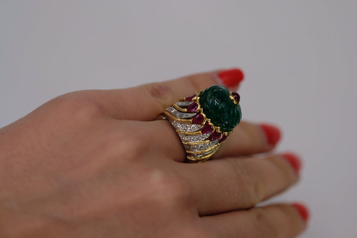 David Webb Platinum & 18K Yellow Gold Mughal Carved Emerald And Ruby Ring — view 6 — Laura Milman New York