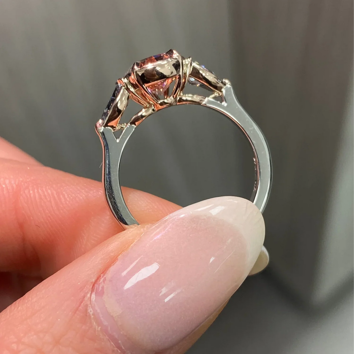 2.22ct Fancy Deep Brown-Pink Pear Diamond VS2 GIA Ring with Blue Diamond Sides — view 6 — Laura Milman New York