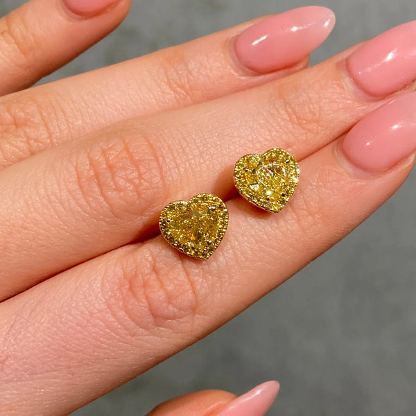 3.71ctw Fancy Intense Yellow Heart Diamond Halo Stud Earrings GIA — view 2