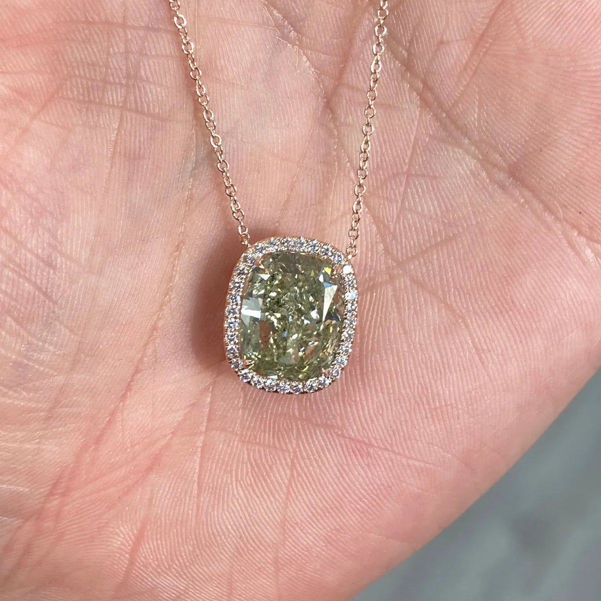 5.83ct Fancy Grayish Yellowish Green Cushion Diamond Pendant GIA — view 3 — Laura Milman New York