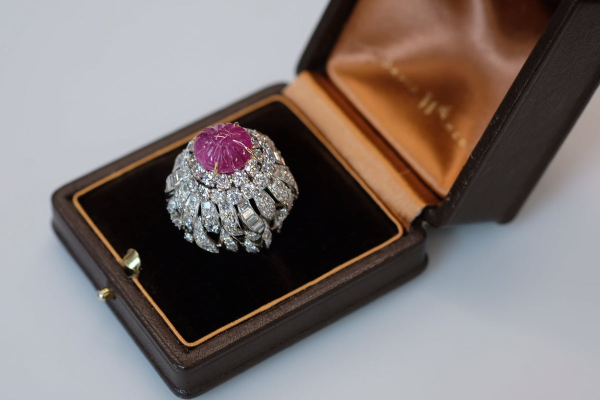 David Webb Platinum & 18K White Gold Carved Ruby And Diamond Bombe Cocktail Ring — view 9 — Laura Milman New York