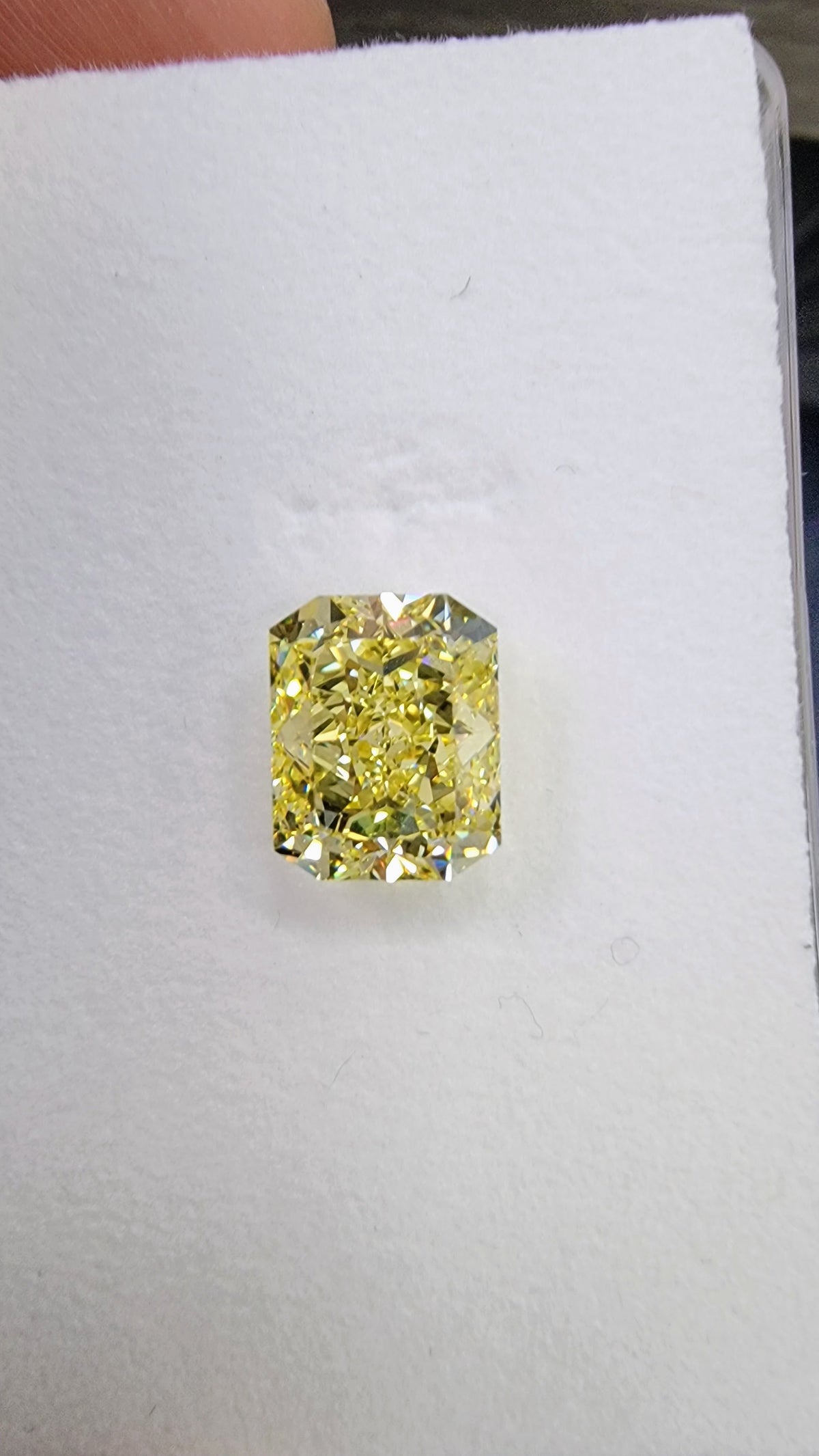 4.05ct Fancy Intense Yellow Elongated Radiant Diamond Ring VVS1 GIA — view 5 — Laura Milman New York