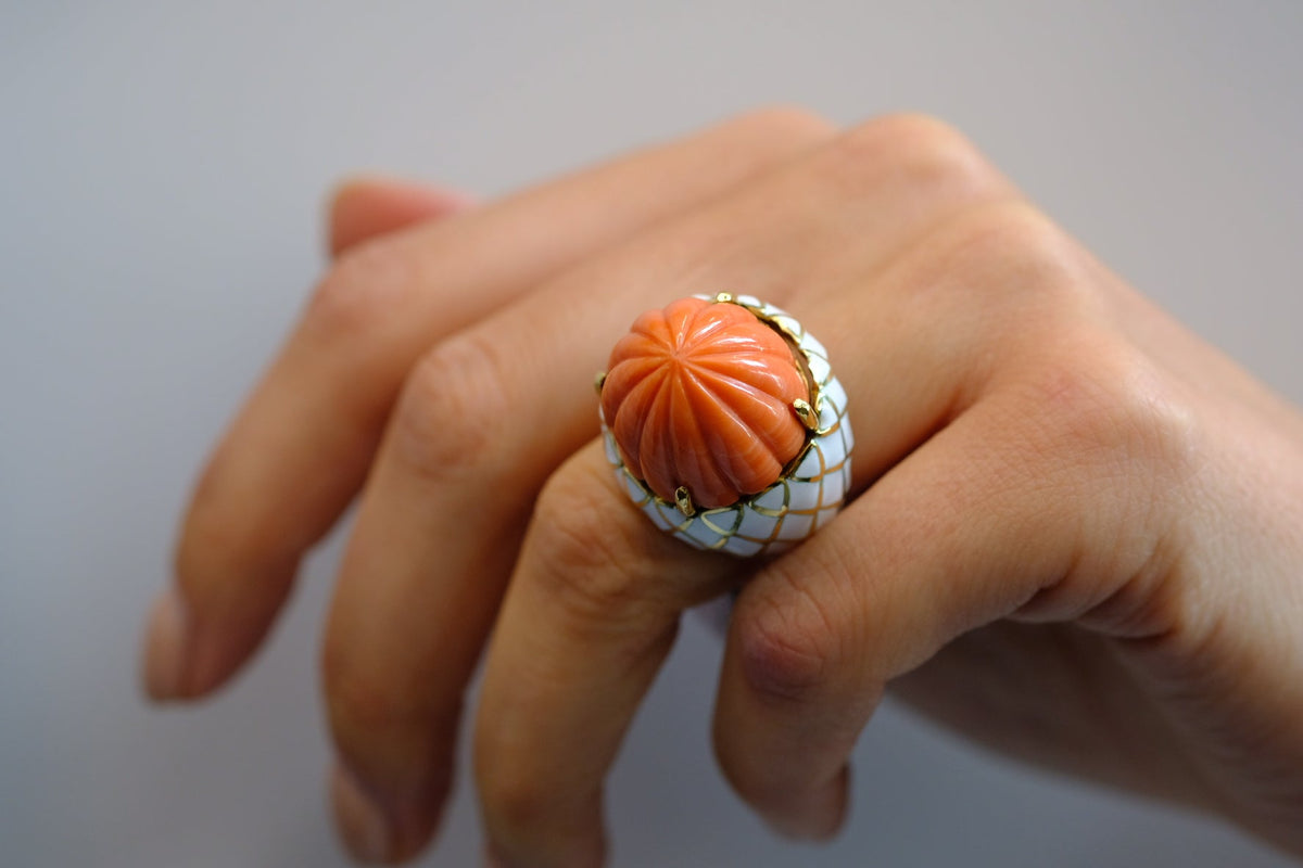 David Webb Bombe Platinum & 18K Yellow Gold Carved Coral White Enamel Ring — view 7 — Laura Milman New York