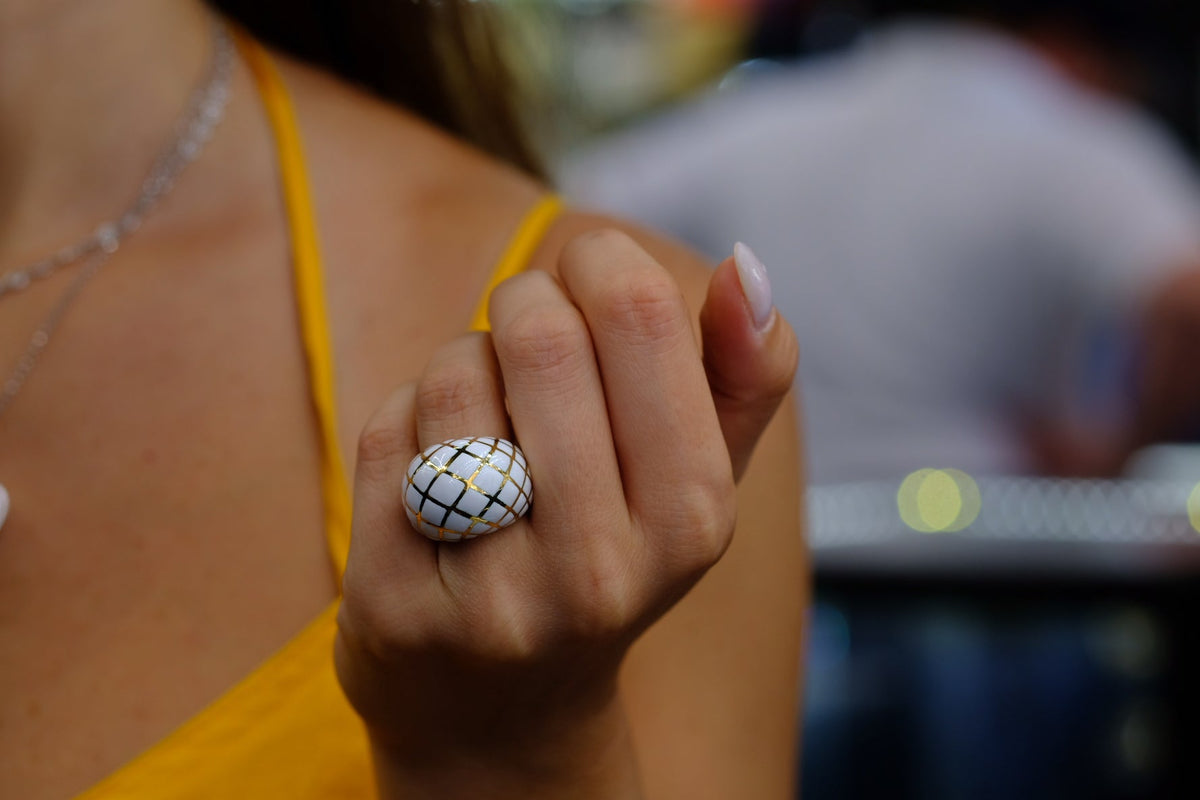 David Webb Platinum & 18K Yellow Gold White Enamel Checkerboard Pattern Bombe Ring — view 6 — Laura Milman New York
