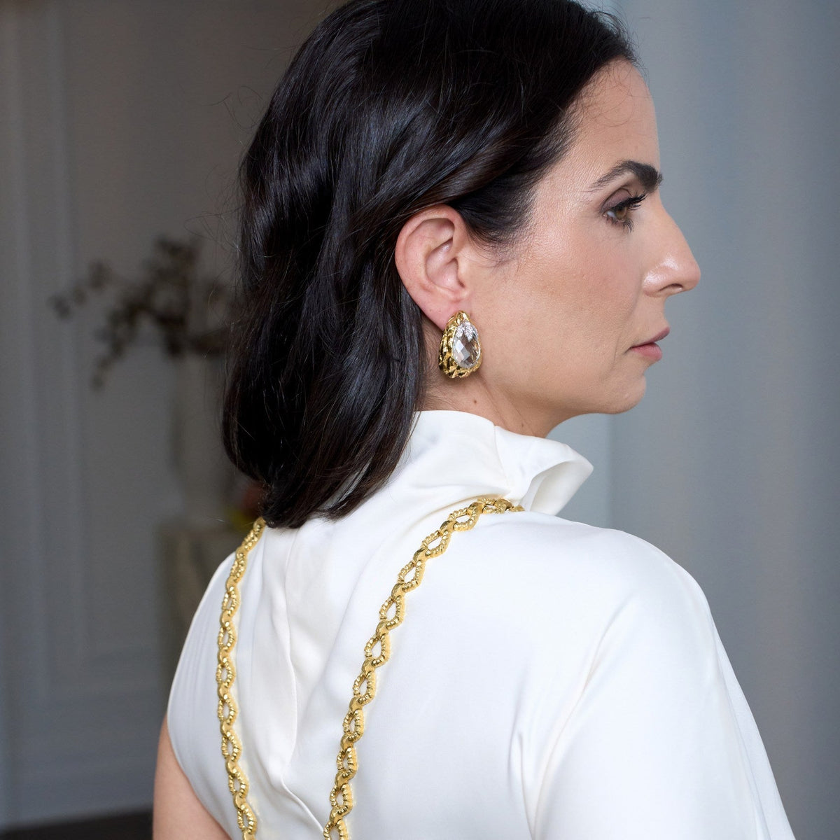 David Webb Platinum & 18K Yellow Gold Rock Crystal Carved Clip On Earrings — view 6 — Laura Milman New York