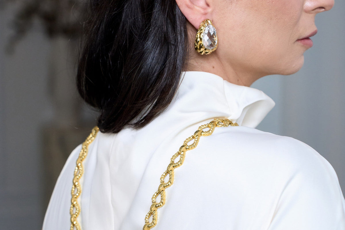 David Webb Platinum & 18K Yellow Gold Rock Crystal Carved Clip On Earrings — view 7 — Laura Milman New York