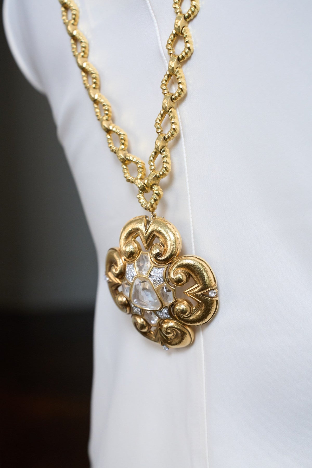 David Webb Platinum & 18K Yellow Gold Rock Crystal Large Maltese Cross Scroll Pendant Brooch — view 2 — Laura Milman New York