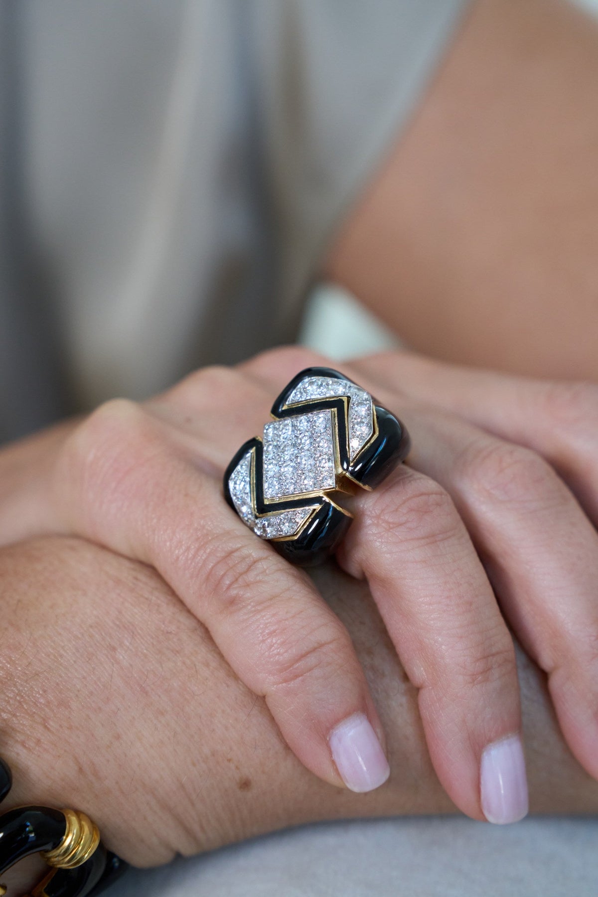 David Webb Platinum & 18K Yellow Gold Black Enamel And Diamond Cocktail Ring — view 7 — Laura Milman New York
