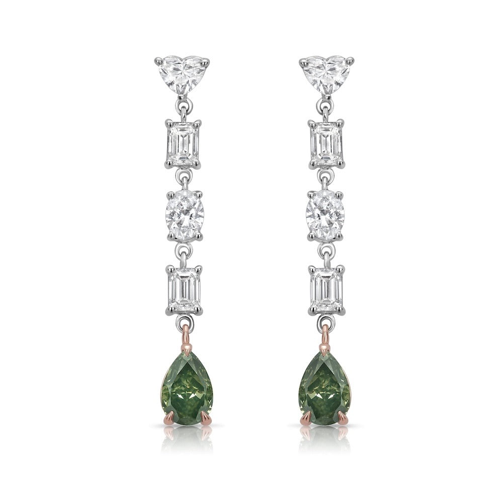 5.13ctw Fancy Green Chameleon Pear Diamond Dangle Earrings I1 GIA — Laura Milman New York