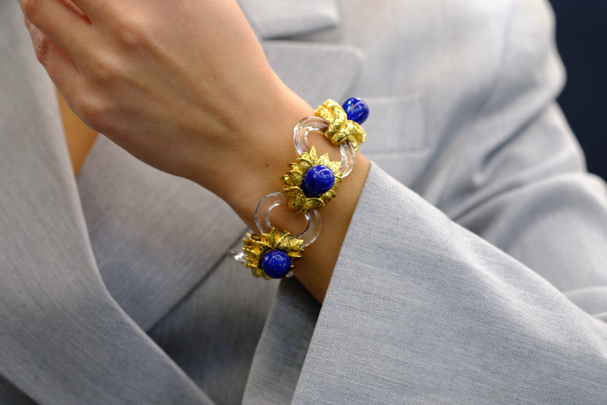 David Webb Platinum & 18K Yellow Gold Rock Crystal Lapis Floral Style Bracelet — view 5 — Laura Milman New York