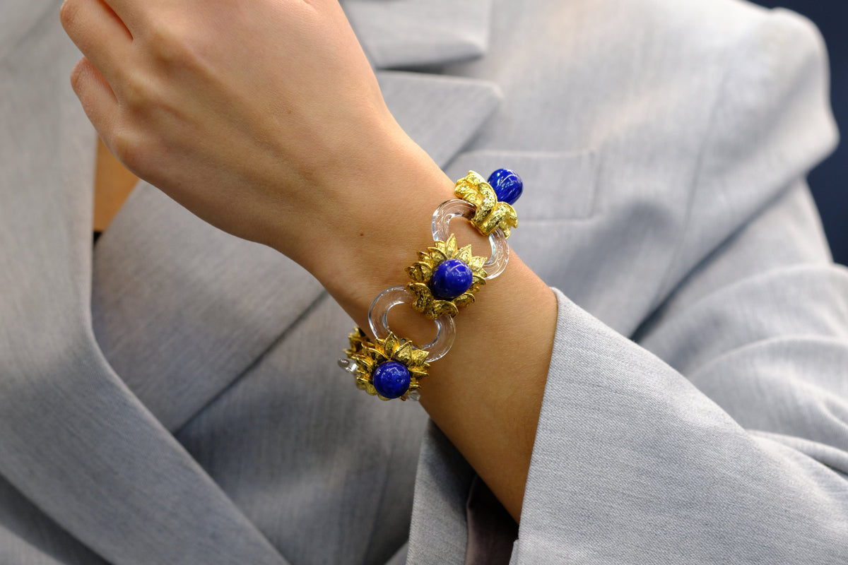 David Webb Platinum & 18K Yellow Gold Rock Crystal Lapis Floral Style Bracelet — view 8 — Laura Milman New York