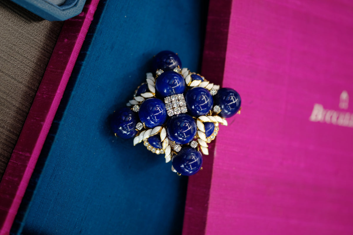 David Webb Platinum & 18K Yellow Gold 1960's Maltese Lapis, Enamel Cross Style Brooch — view 5 — Laura Milman New York
