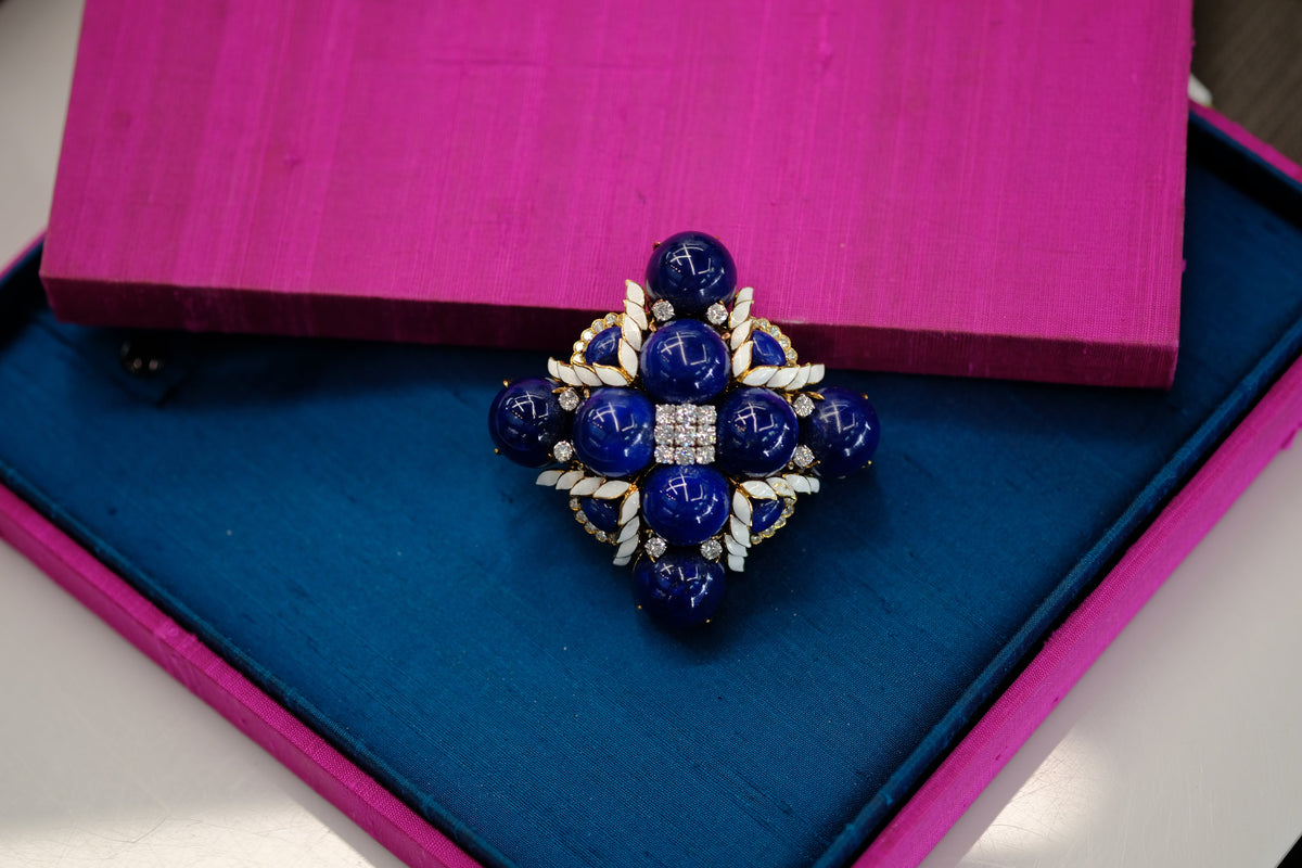 David Webb Platinum & 18K Yellow Gold 1960's Maltese Lapis, Enamel Cross Style Brooch — view 6 — Laura Milman New York