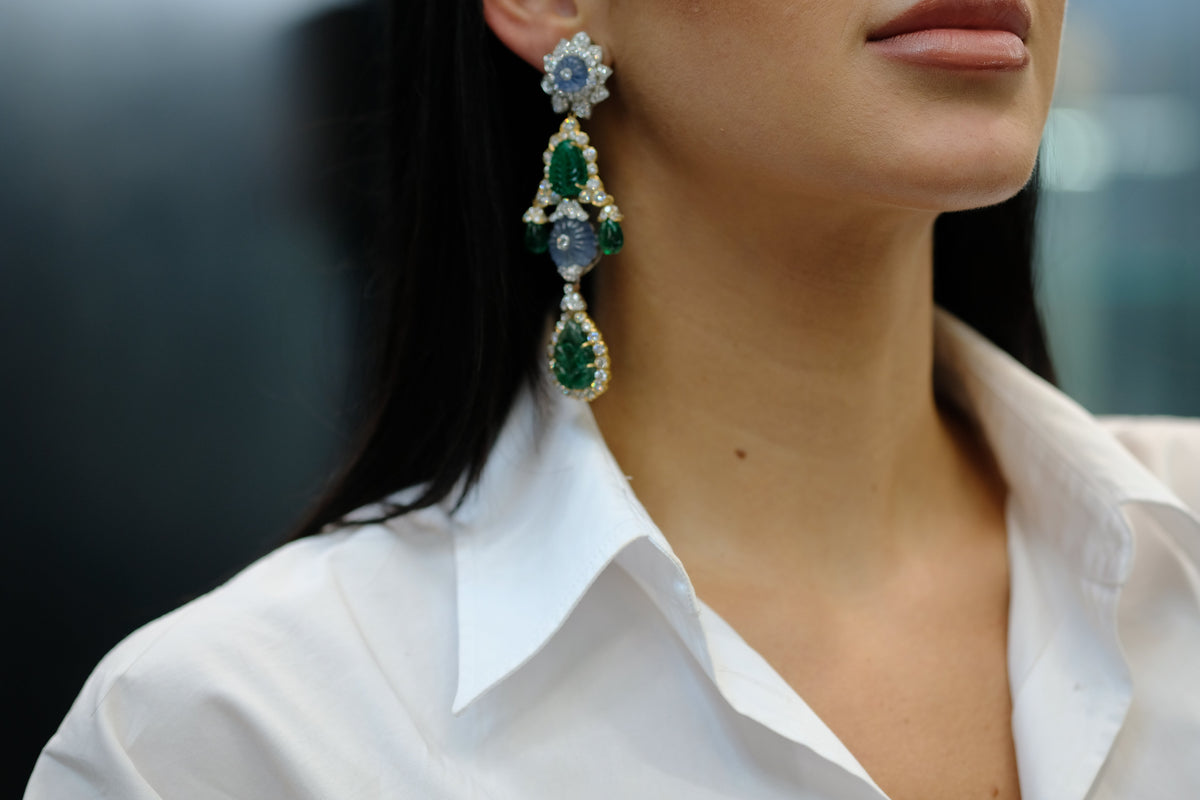 David Webb Girandole Carved Emerald And Diamond Dangle Earrings — view 5 — Laura Milman New York