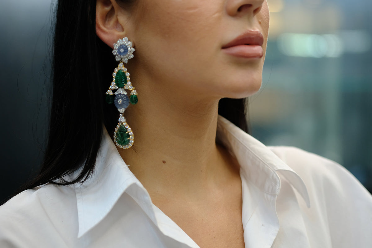 David Webb Girandole Carved Emerald And Diamond Dangle Earrings — view 6 — Laura Milman New York