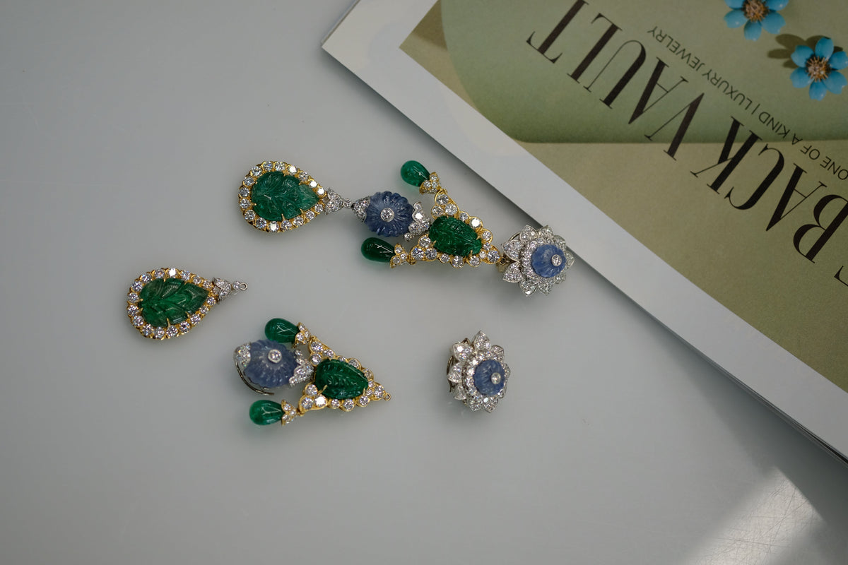 David Webb Girandole Carved Emerald And Diamond Dangle Earrings — view 9 — Laura Milman New York