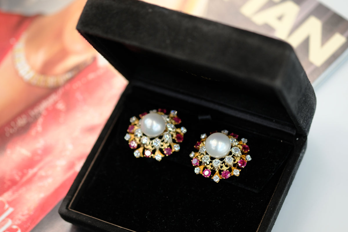 David Webb Platinum Pearl, Diamond & Ruby Earrings — view 6 — Laura Milman New York