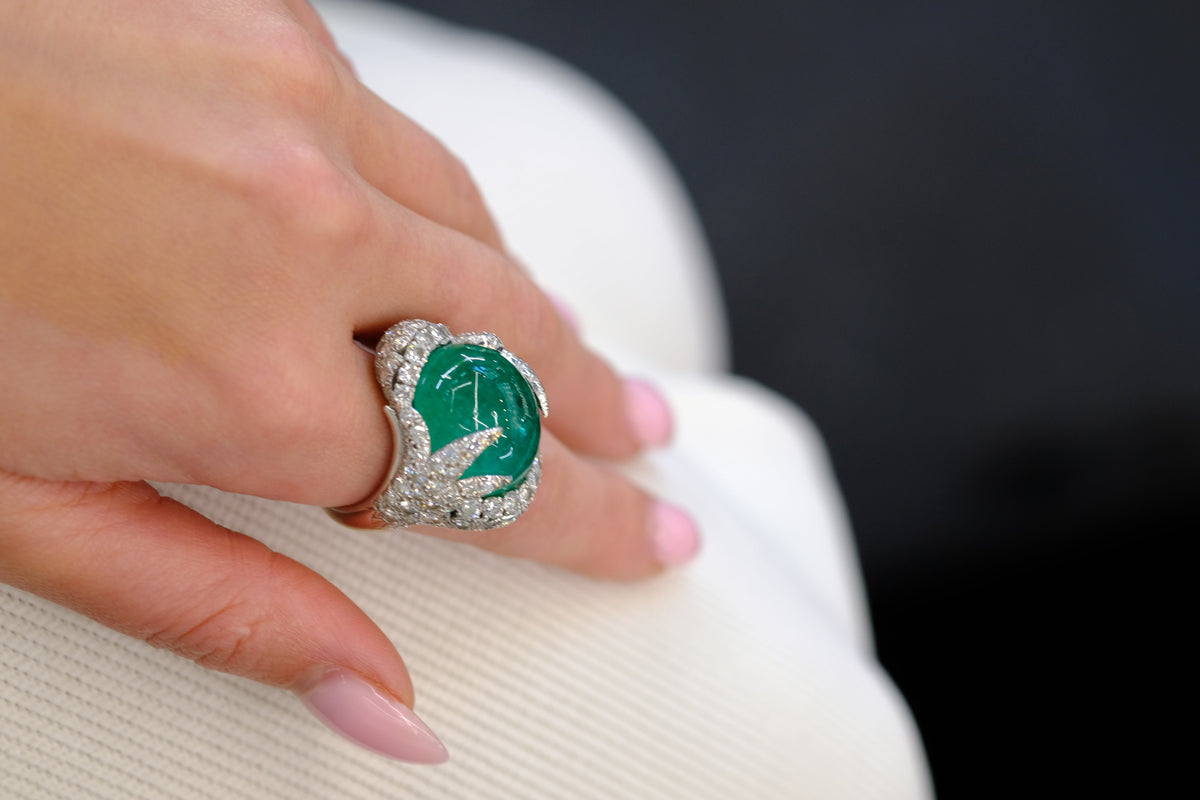 David Webb Platinum Cabochon Cut Green Emerald And Diamond Ring — view 8 — Laura Milman New York