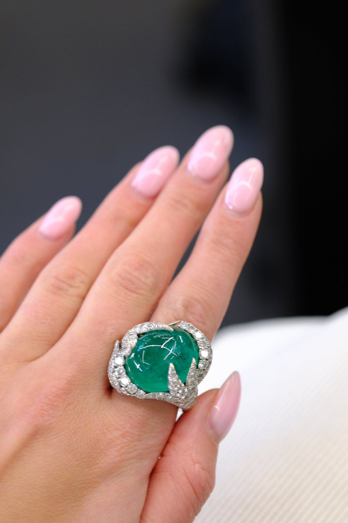 David Webb Platinum Cabochon Cut Green Emerald And Diamond Ring — view 7 — Laura Milman New York