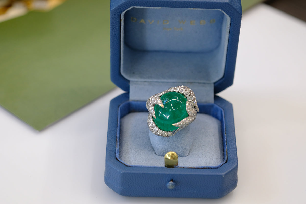 David Webb Platinum Cabochon Cut Green Emerald And Diamond Ring — view 6 — Laura Milman New York