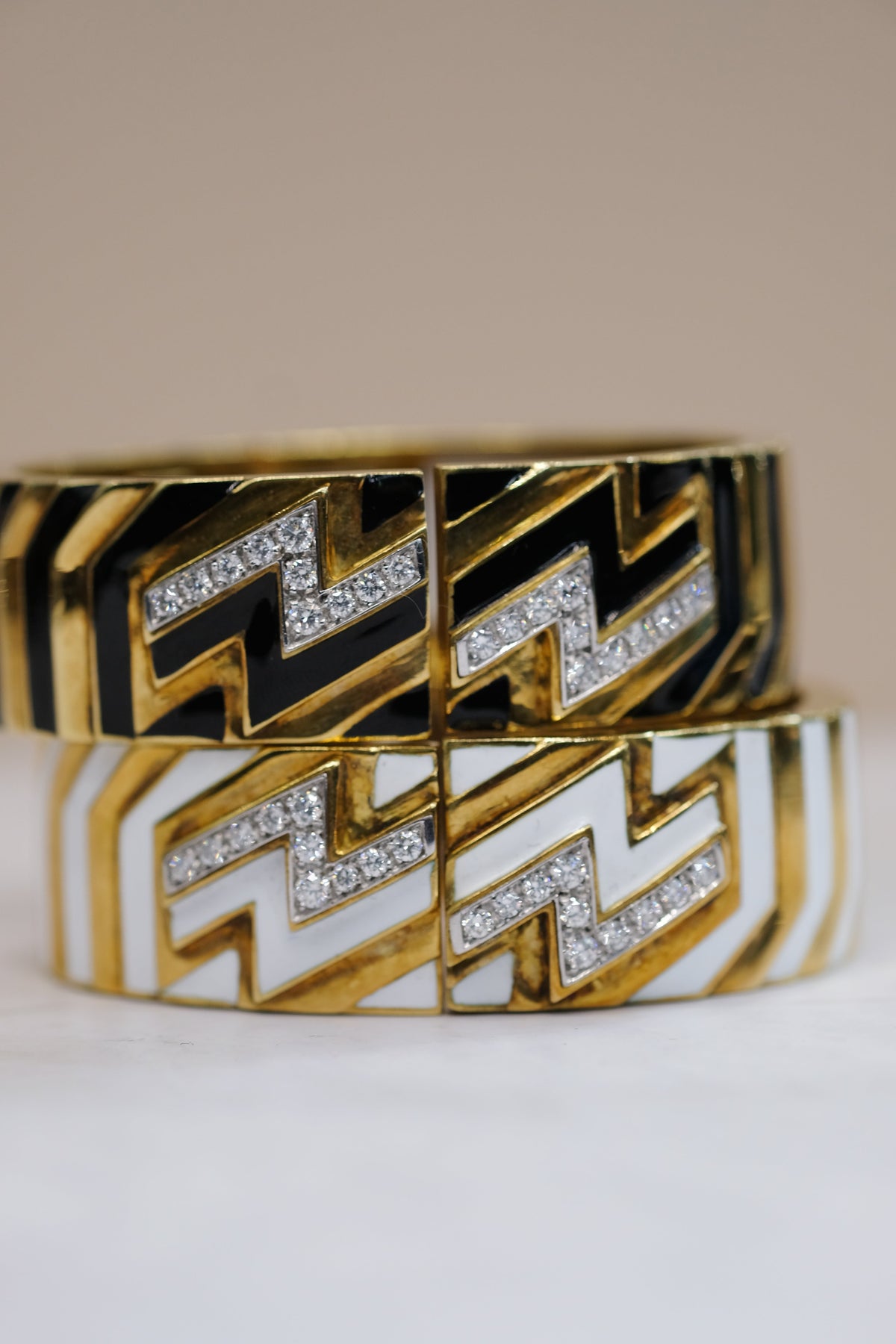 David Webb Platinum & 18K Yellow Gold Stripe Black Enamel Diamond Zig Zag Bracelet — view 7 — Laura Milman New York