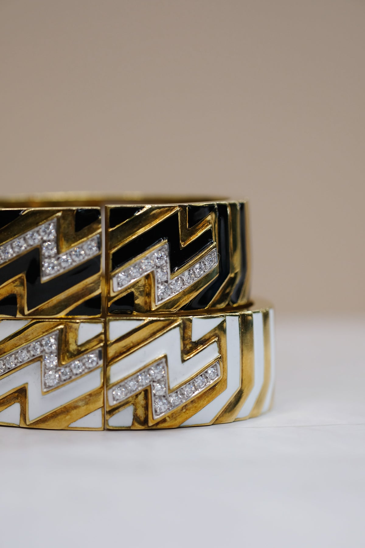 David Webb Platinum & 18K Yellow Gold Stripe Black Enamel Diamond Zig Zag Bracelet — view 8 — Laura Milman New York