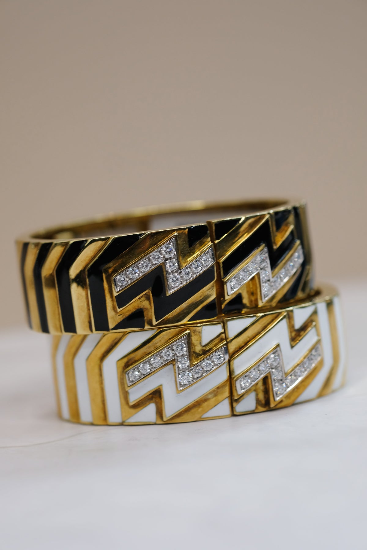 David Webb Platinum & 18K Yellow Gold Stripe Black Enamel Diamond Zig Zag Bracelet — view 9 — Laura Milman New York