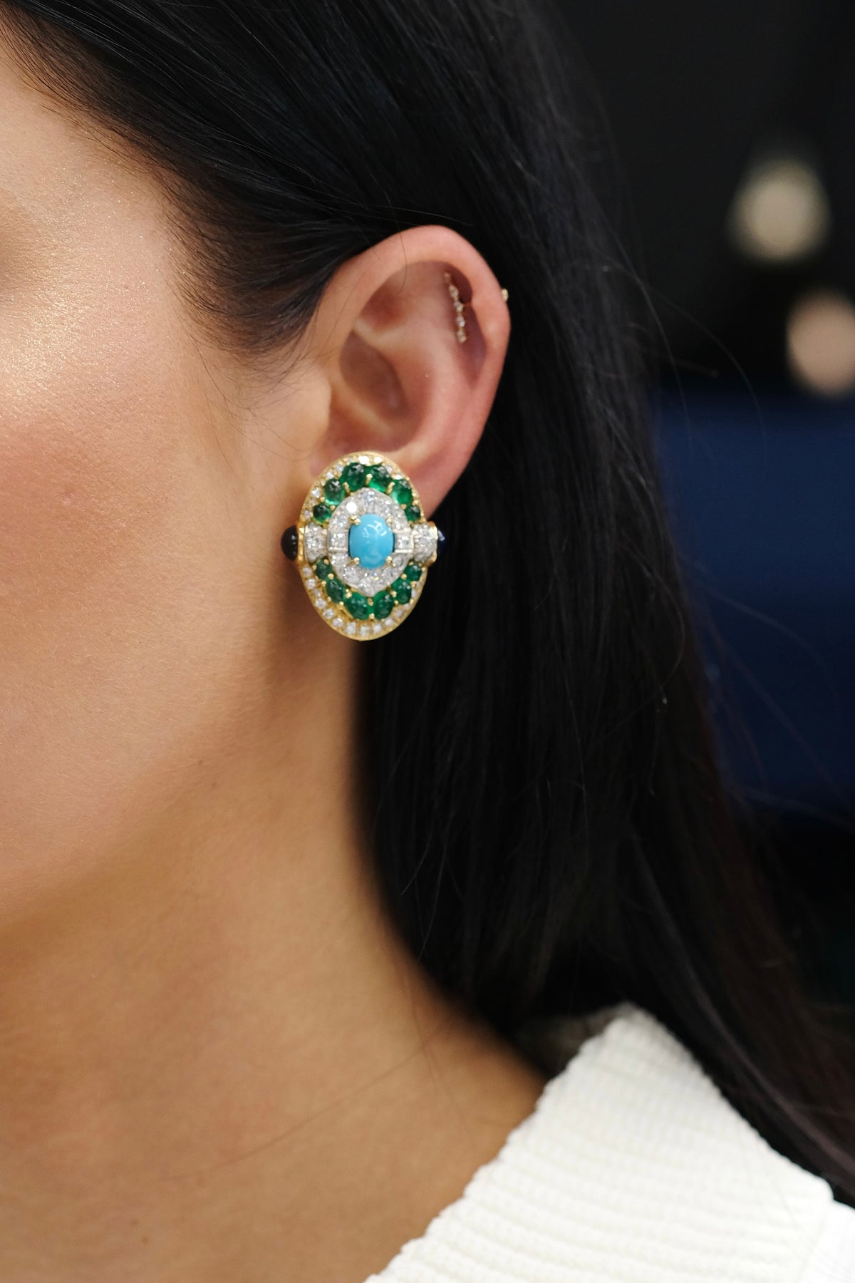 David Webb Platinum & 18K Yellow Gold Turquoise Emerald And Diamond Clip Earrings — view 7 — Laura Milman New York