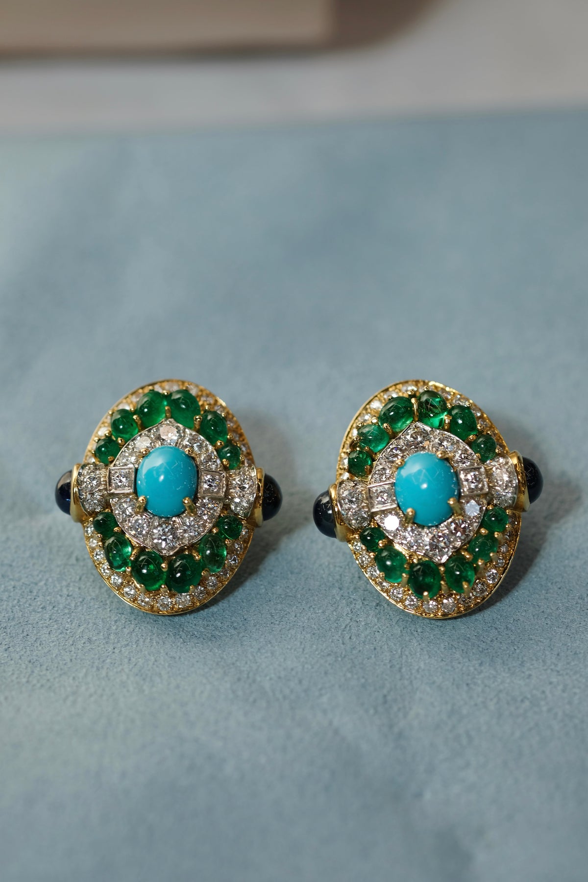 David Webb Platinum & 18K Yellow Gold Turquoise Emerald And Diamond Clip Earrings — view 8 — Laura Milman New York