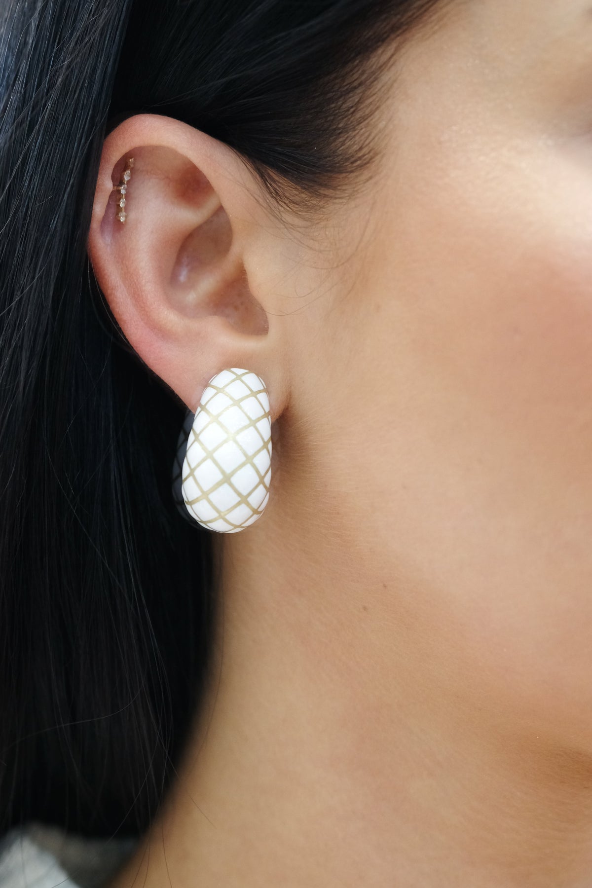 David Webb White Enamel Platinum & 18K Yellow Gold Bombe Gold Checkerboard Clip-On Earrings — view 7 — Laura Milman New York