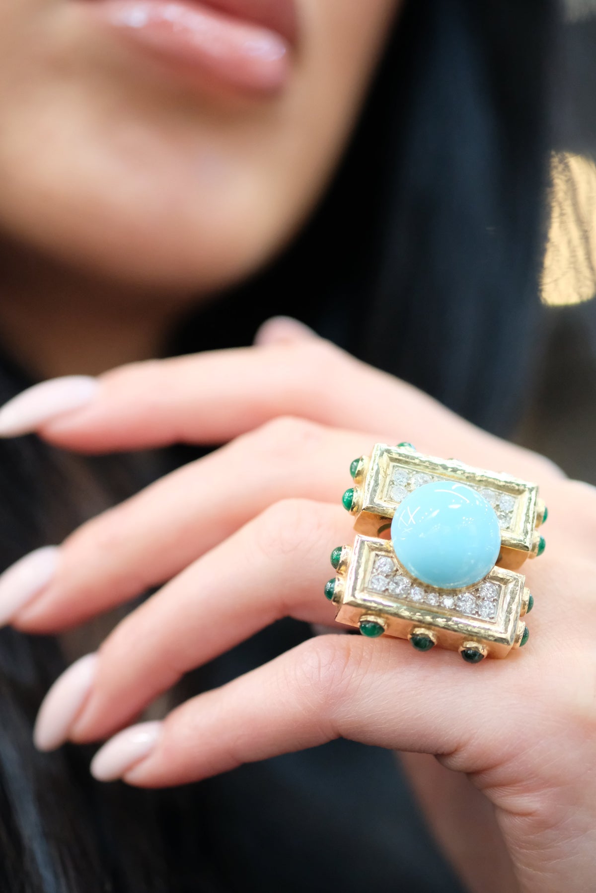 David Webb Platinum & 18K Yellow Gold Turquoise Diamond Emerald Oversized Ring — view 7 — Laura Milman New York