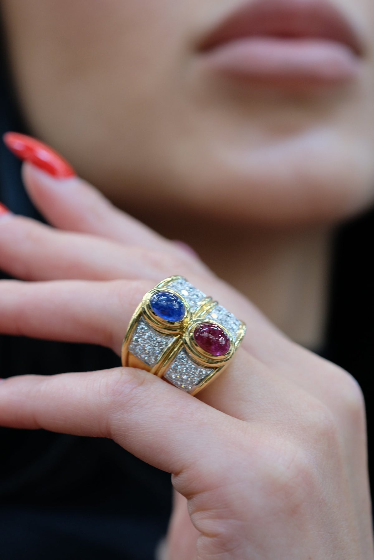 David Webb Platinum & 18K Yellow Gold Diamond Sapphire And Ruby Ring — view 6 — Laura Milman New York