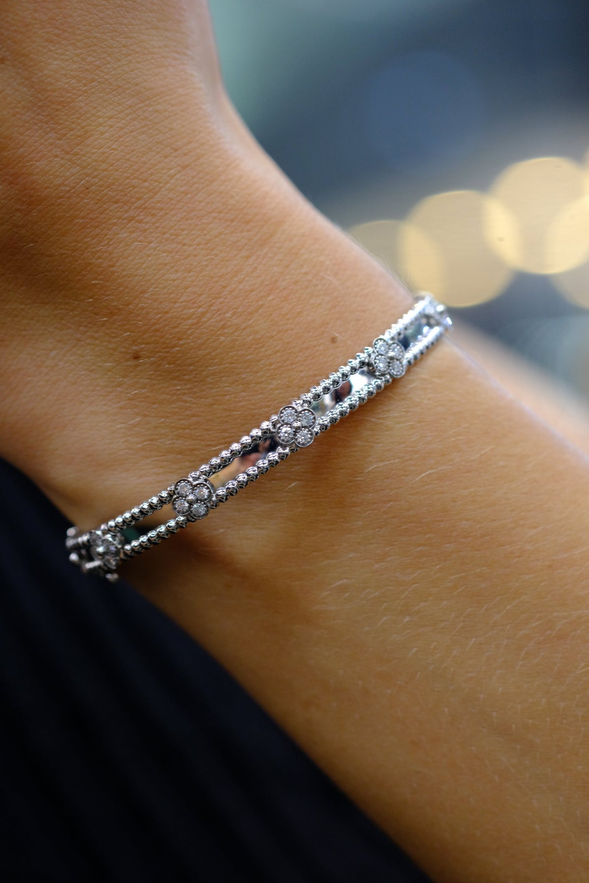 Van Cleef & Arpels 18K White Gold Perlee Clover Diamond Size S Bracelet — view 8 — Laura Milman New York