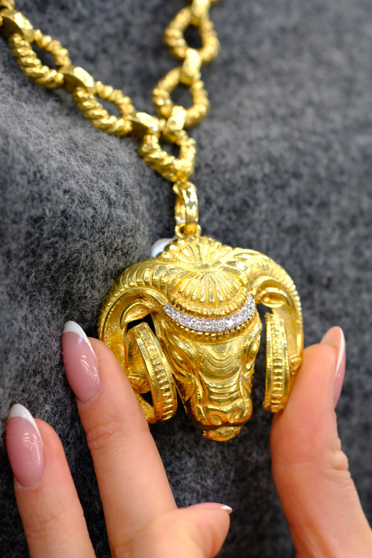 David Webb Platinum & 18K Yellow Gold Ram Diamond Head Brooch — view 7 — Laura Milman New York