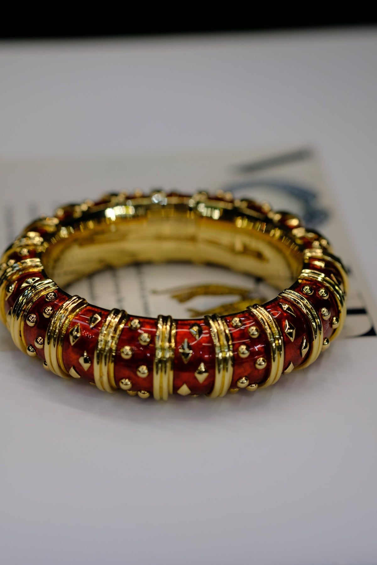 Tiffany & Co. Schlumberger 18K Yellow Gold Dot Losange Red Enamel Bangle Bracelet — view 7 — Laura Milman New York