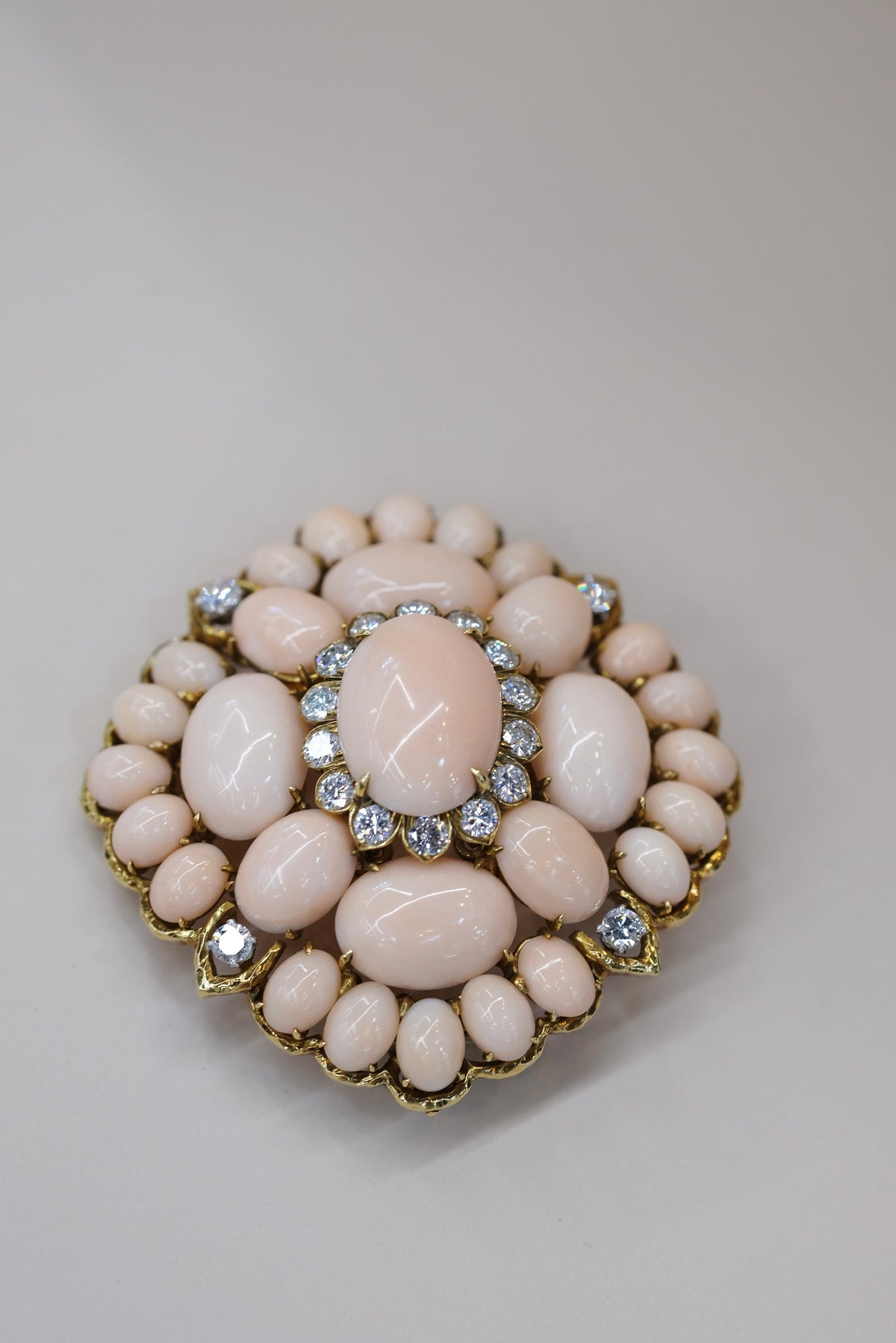 David Webb 18K Yellow Gold Pink Coral Cluster And Diamond Brooch — view 5 — Laura Milman New York